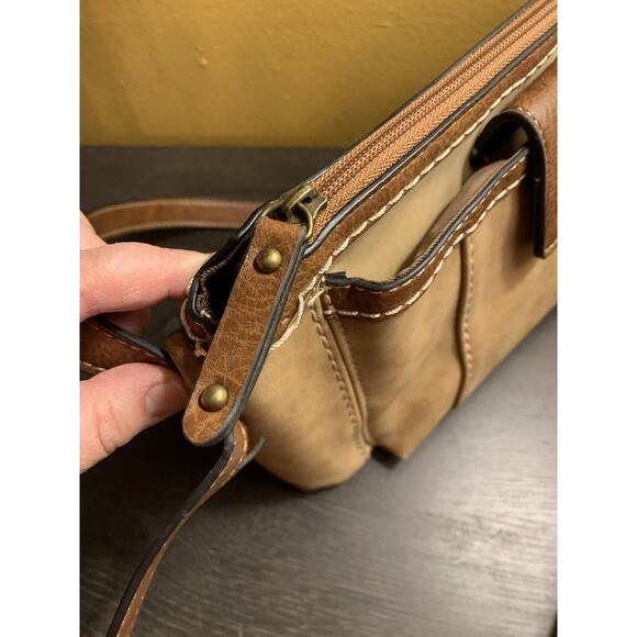 Vintage b.o.c. BORN Crossbody Purse 2 Tone Tan Faux‎ Suede Double Strap - Picture 12 of 15